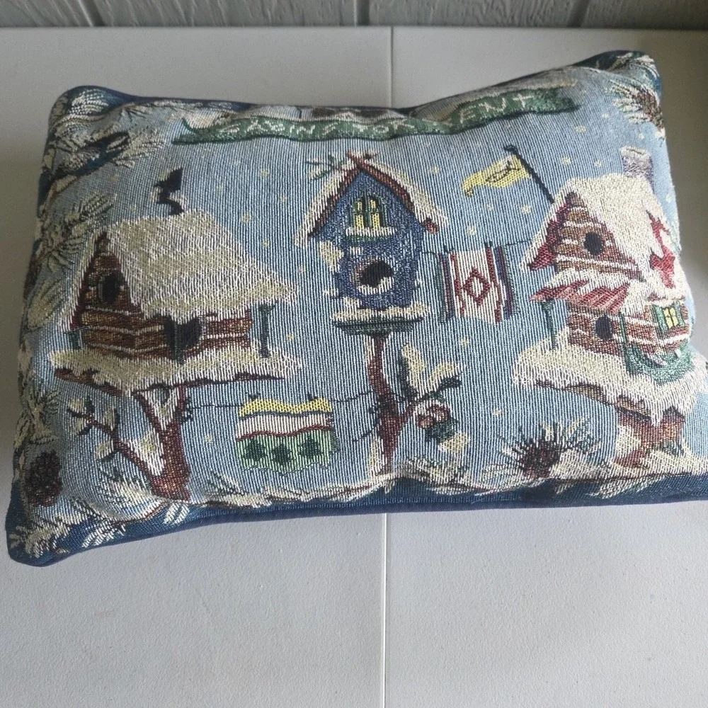 Tapestry Throw Pillow Winter Snow Birdhouses Birds Garden Cottage Farm Chic